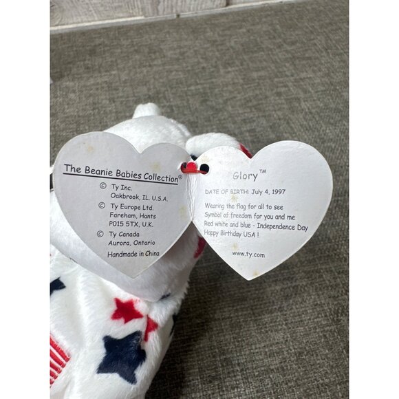 Ty Beanie Baby Glory Bear 1998 U.S. Flag White With Red & Blue Stars and Case - Picture 7 of 9